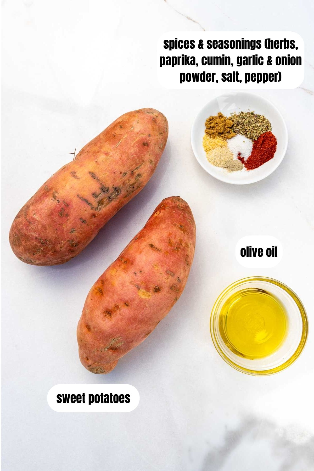 All the ingredients needed to make air fryer sweet potato fries labelled including two medium sized sweet potatoes, olive oil, and a small dish of spices and seasonings.