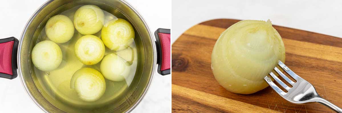 A collage of two images showing whole onions par-boiled in a big pan of water, and an onion on a wooden board with a fork shown pulling the middle layers out.