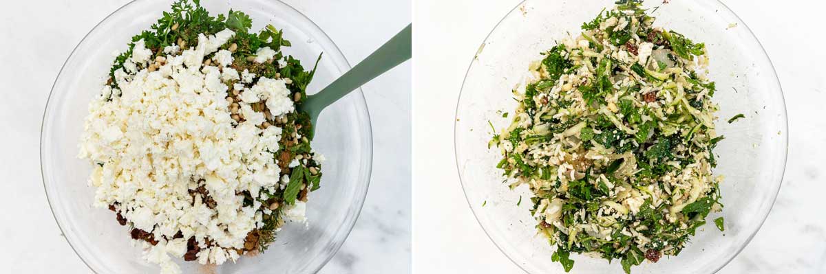 Collage of two images showing all ingredients for onion stuffing in a glass bowl, and then all mixed together.