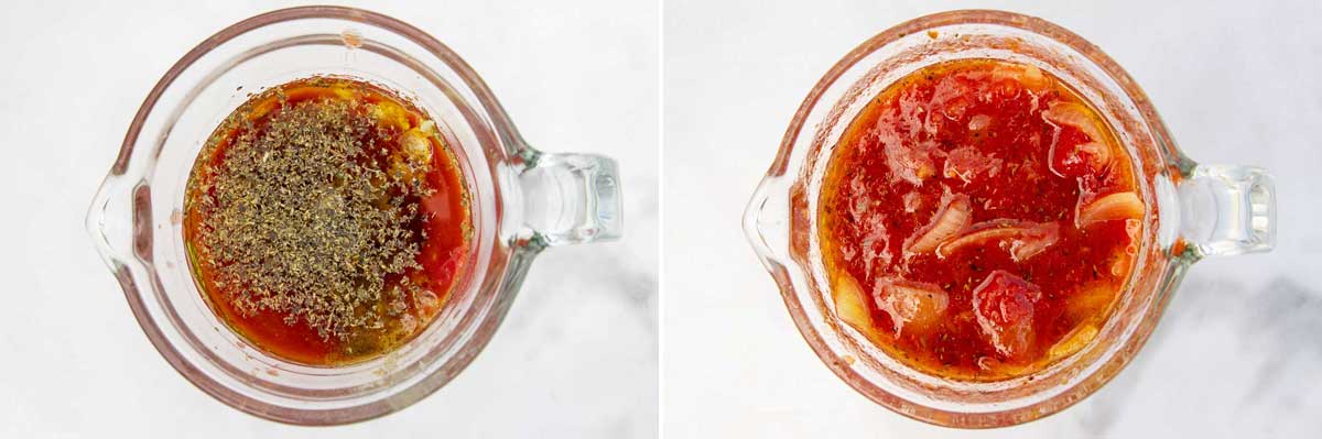 A collage of two images showing a glass jug from above filled with canned tomatoes, chopped onion and dried herbs, and then with the ingredients all stirred together.