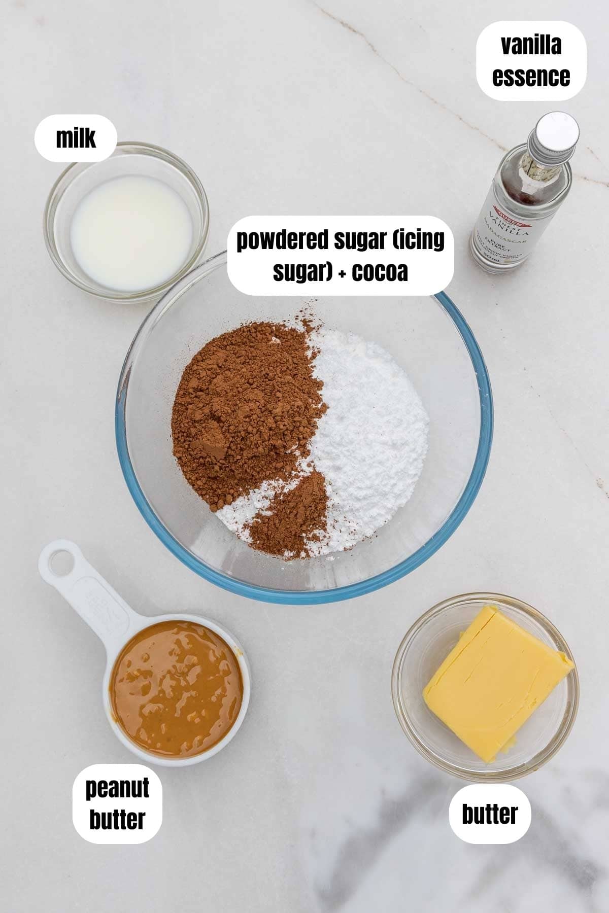 All the ingredients needed to make a peanut butter chocolate frosting, labelled, including butter, powdered sugar and cocoa, peanut butter, milk, and vanilla essence.