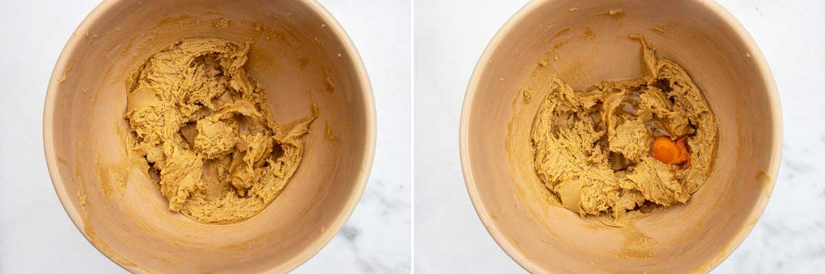 Collage of two images showing combined ingredients to make a peanut butter banana cake, and then with an egg added.