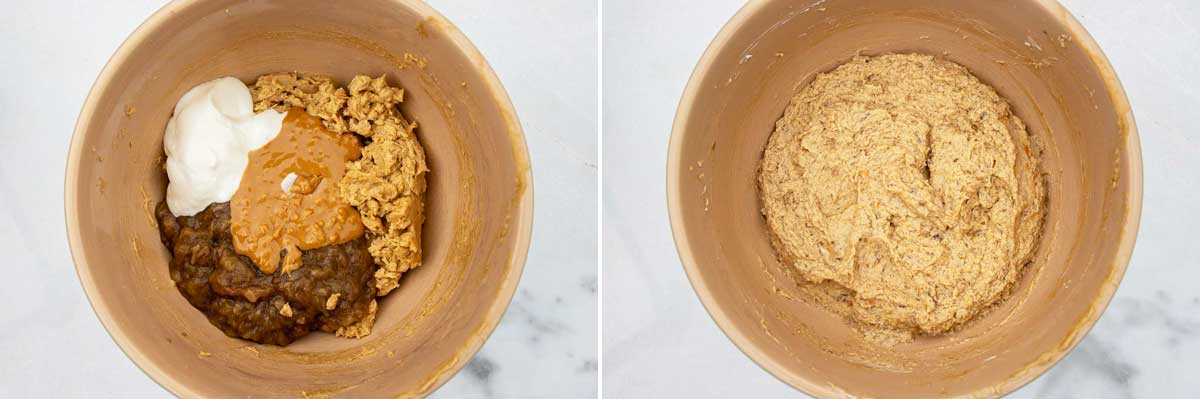 A collage of two images showing ingredients to make a peanut butter, banana and chocolate cake dough in a baking bowl, and then with all the ingredients combined.