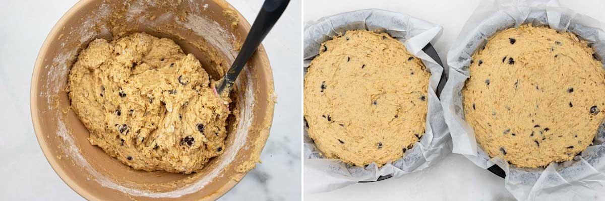Collage of two images showing a baking bowl with peanut butter, banana and chocolate cake dough with a spatula in it, and then with the dough divided between two lined cake pans.