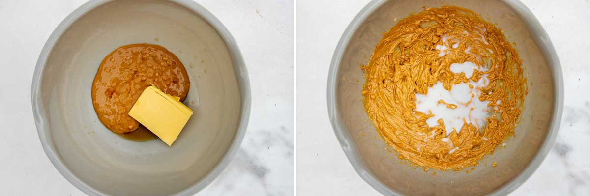 A collage of two images showing a bowl with peanut butter and butter in it, and then mixed together with a splash of milk in it.