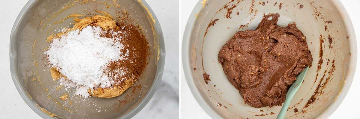 A collage of two images showing an overhead view of peanut butter, butter, powdered sugar and cocoa in a bowl, and then with all those ingredients mixed together.