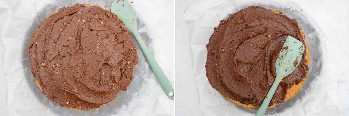 A collage of two images showing the first layer of a peanut butter, banana and chocolate cake, and then with a spatula spreading more on top of the second cake layer.