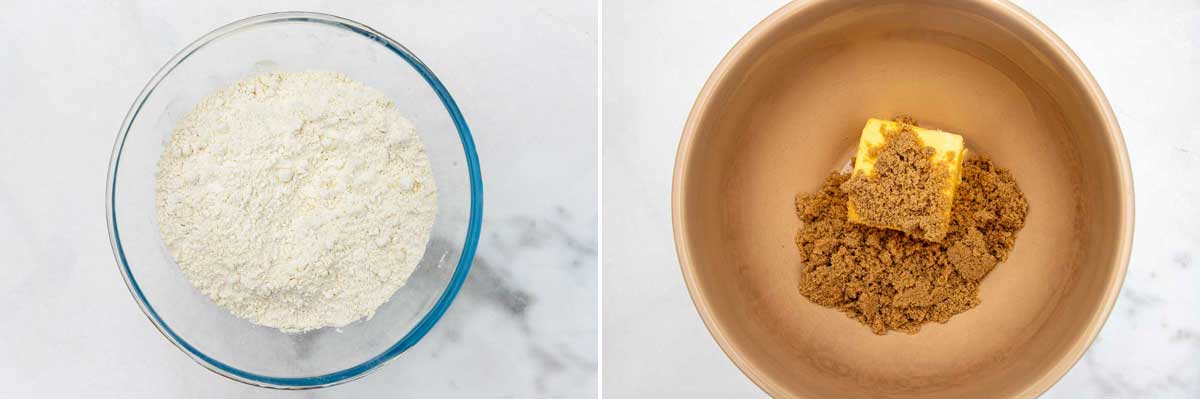 A collage of two images showing flour and baking powder in a bowl and then a baking bowl with brown sugar and butter in it.