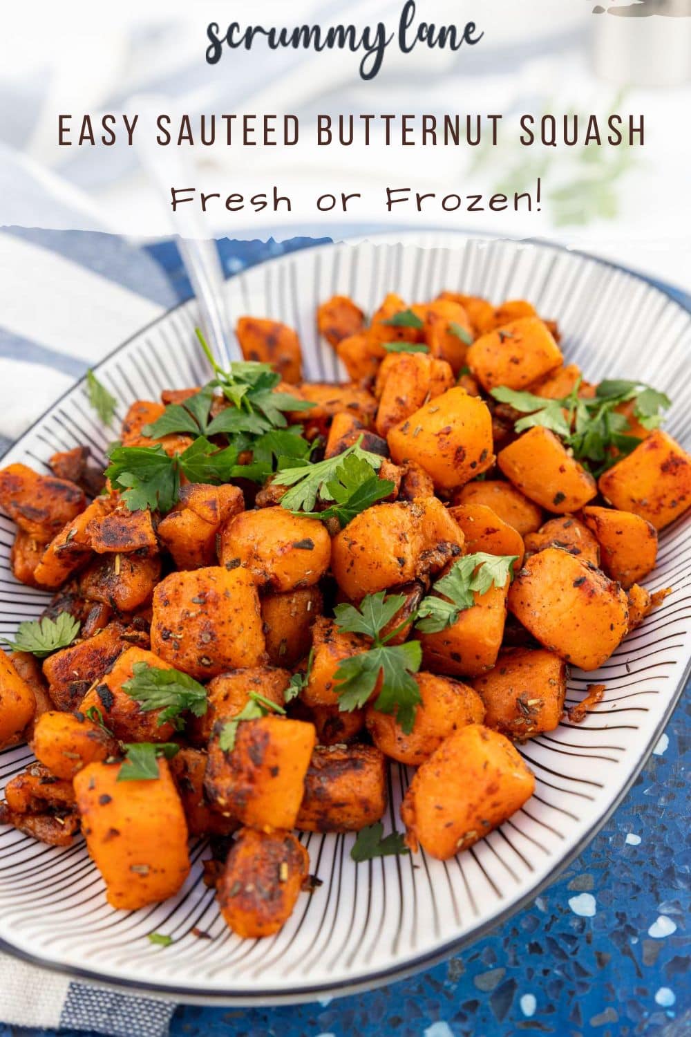 A closeup view of a black and white striped plate with sauteed butternut squash on it, with a title on it for Pinterest.