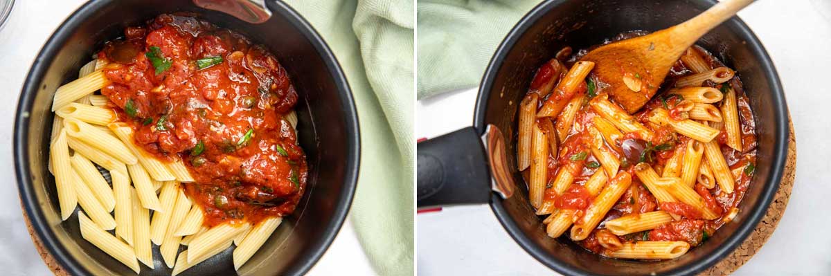 A collage of 2 images showing an overhead of a saucepan of just cooked pasta with puttanesca sauce on the top, and then with the sauce mixed in.
