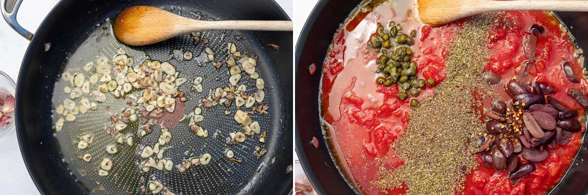 A collage of 2 images showing sliced garlic and chopped anchovies cooking in a pan of olive oil, and then with tomatoes, olives, capers and herbs added to the pan.