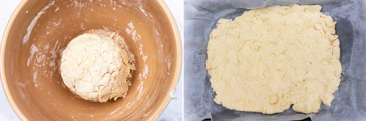 A collage of 2 images showing a ball of Greek yogurt dough in a mixing bowl, and then the dough spread out on a lined sheet pan.