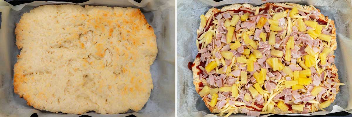 A collage of 2 images showing par-baked Greek yogurt pizza dough on a sheet pan, and then with all the toppings scattered over.