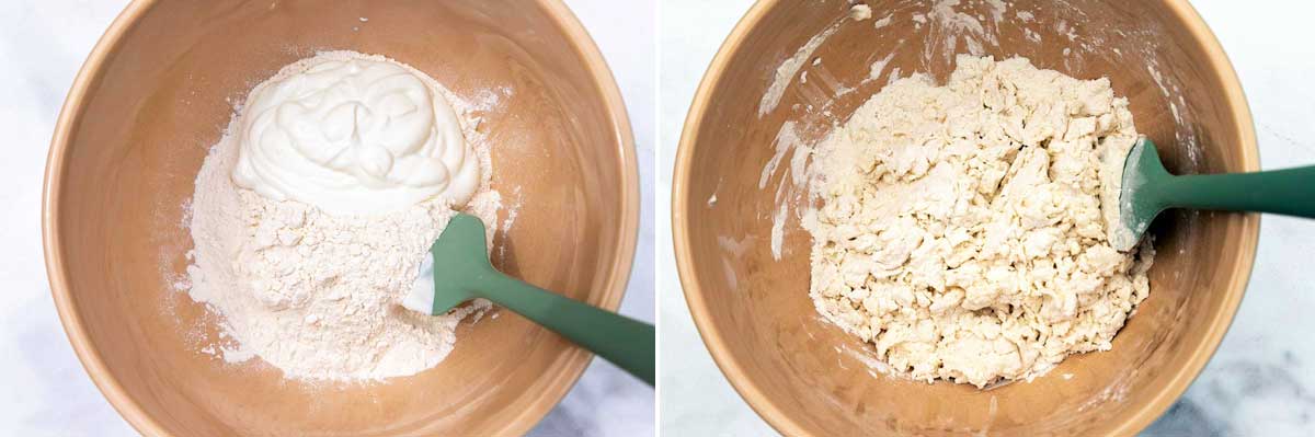 A collage of 2 images showing flour and yogurt in a mixing bowl with a spatula, and then with the yogurt mixed in.
