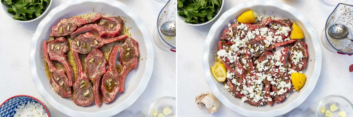 A collage of 2 images showing frenched lamb chops in a round white dish drizzled in an olive oil, lemon and oregano marinade and then with crumbled feta and lemon segments on top.