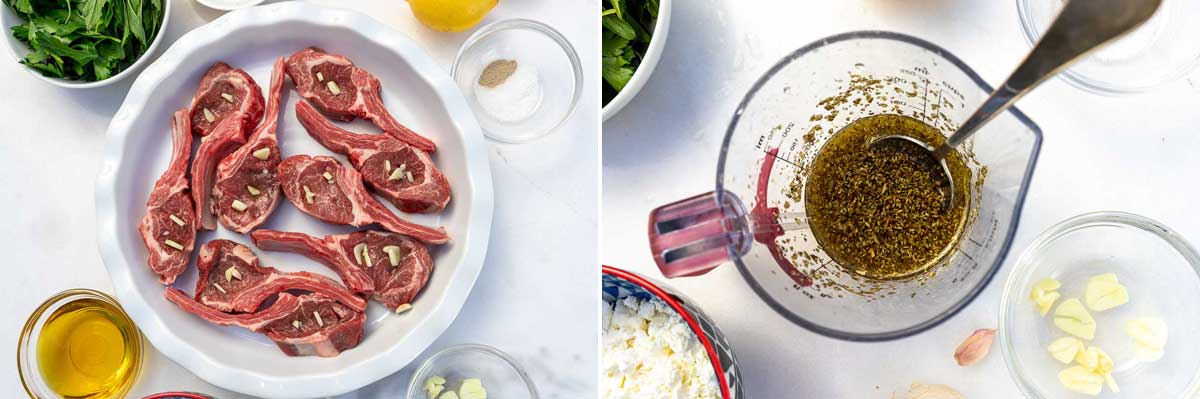 A collage of 2 images showing frenched lamb chops and garlic in a round white dish with ingredients around, and then a small jug with an olive oil lemon garlic marinade in it.