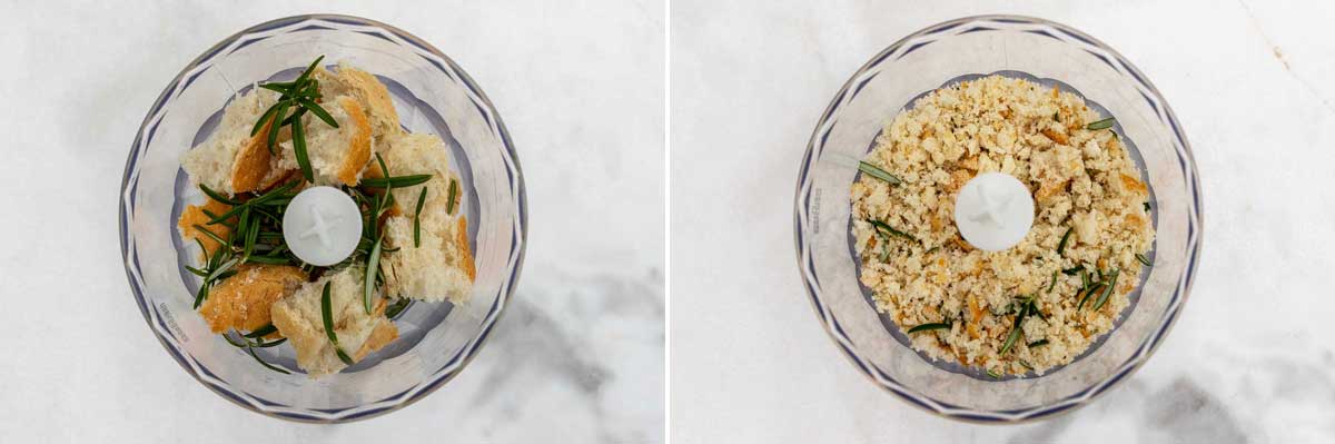 A collage of two images showing the overhead of a small food processor with chunks of old bread and fresh rosemary in it, and then with the bread and herbs turned into crumbs.