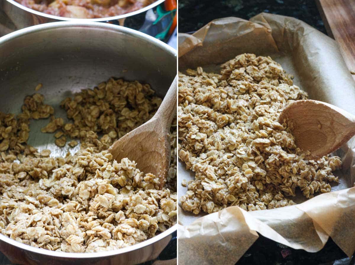 Collage of 2 images showing oat mixture for rhubarb bars in a saucepan with a wooden spoon, and then poured into a baking pan.