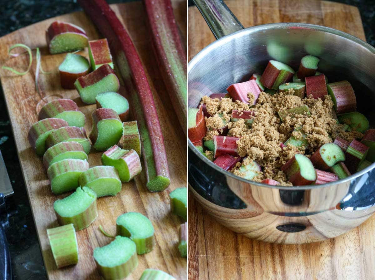 A collage of 2 images showing chopped rhubarb on a wooden board, and then with brown sugar on top in a saucepan.