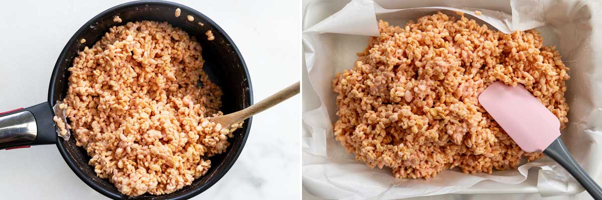 Collage of 2 images showing rice krispie bar mixture in a saucepan with a wooden spoon, and then poured into a lined baking pan with a pink spatula.