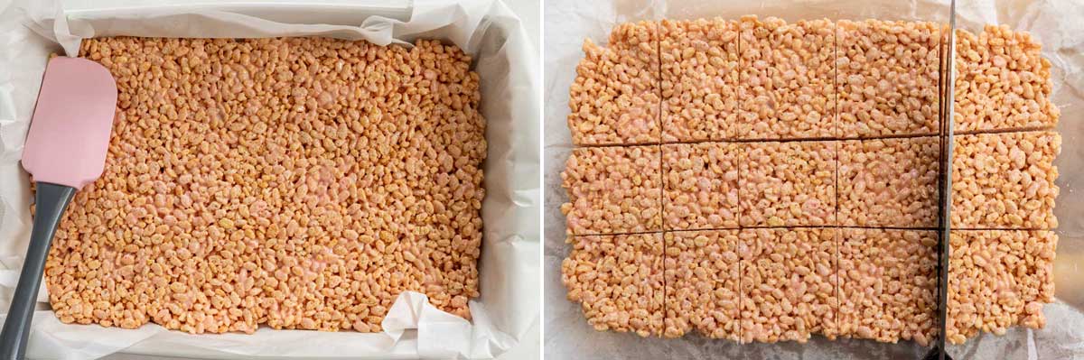 A collage of 2 images showing the bar mixture being smoothed down into a rectangular baking pan, and then being cut into squares with a large sharp knife.
