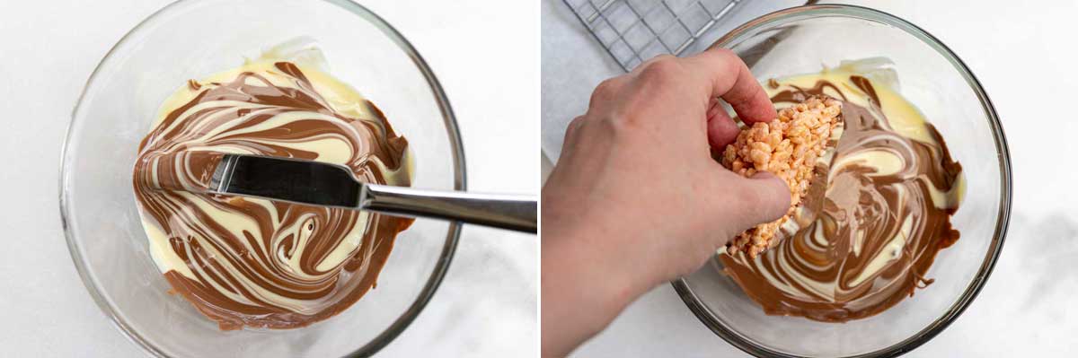 A collage of 2 images showing someone swirling melted milk and white chocolate with a knife, and then dipping a rice krispie square into it.