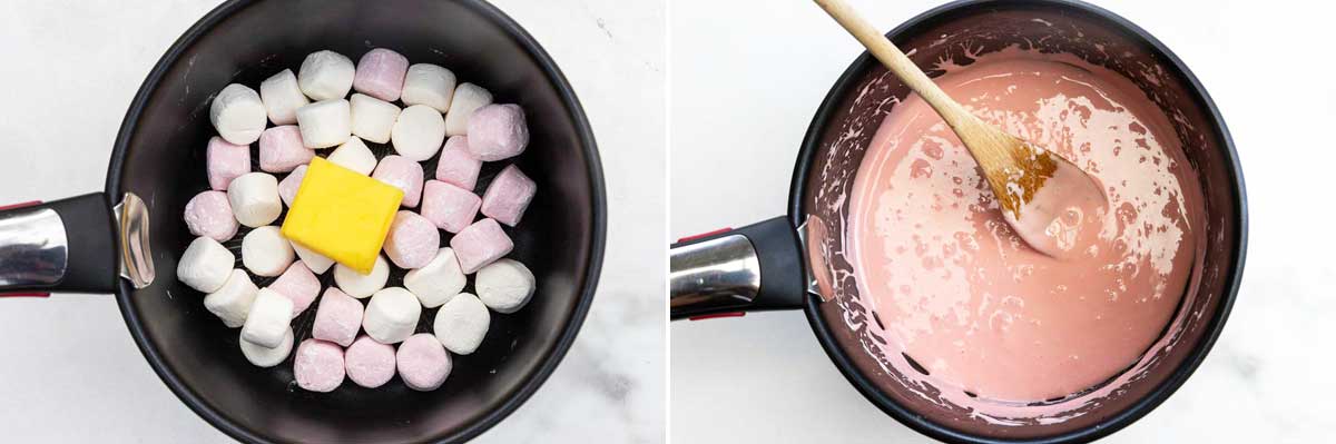 A collage of 2 images showing marshmallows and butter in a saucepan and then melted with a wooden spoon.