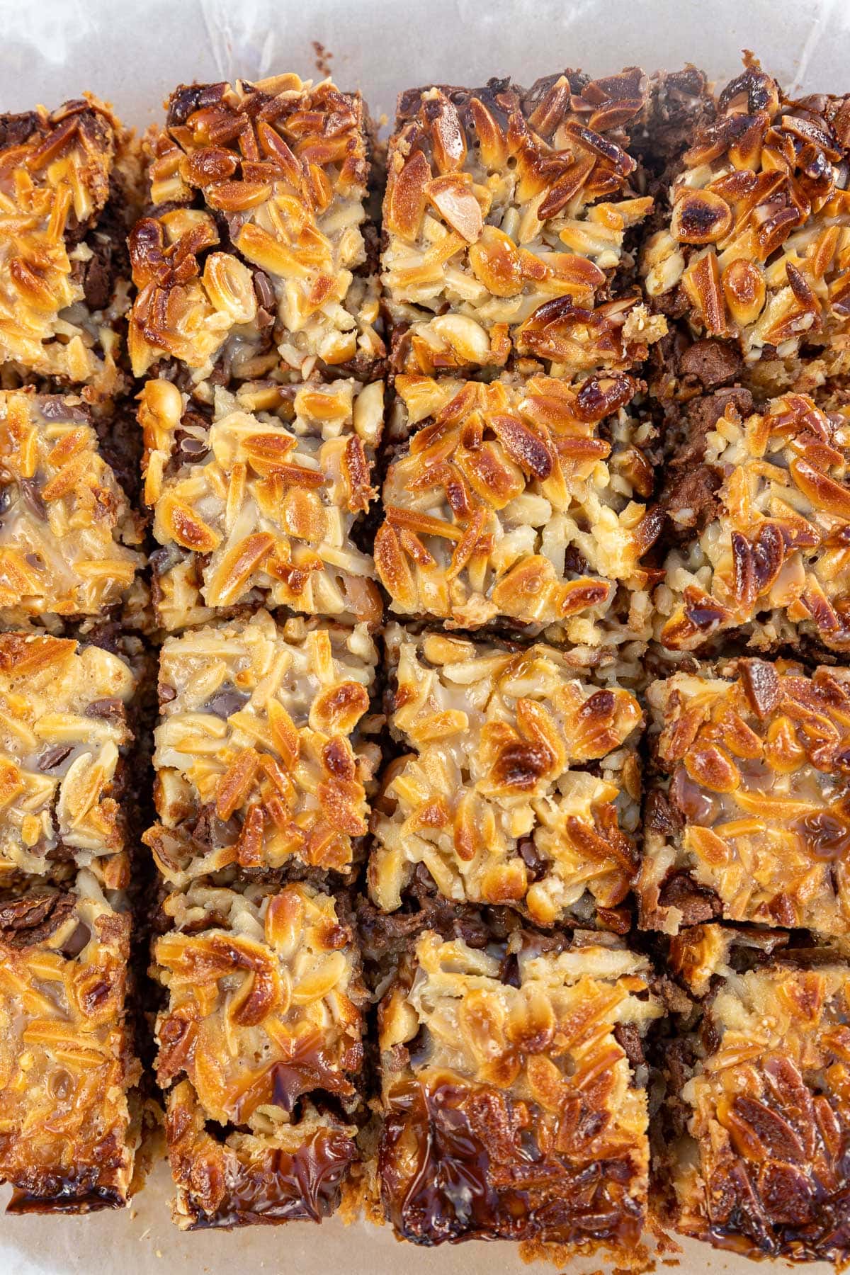 Closeup overhead view of the top of the bars, sliced into small squares.