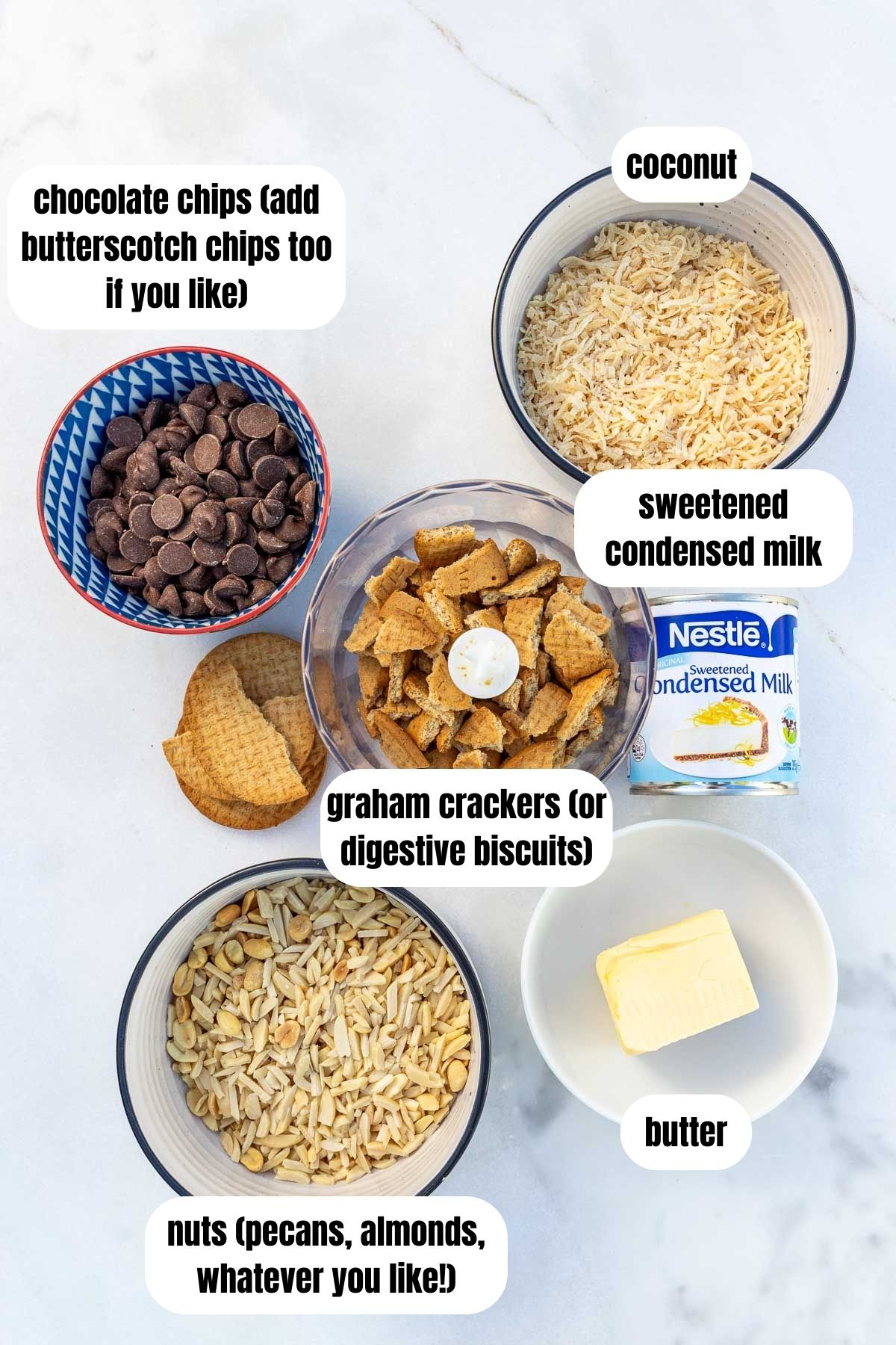 All the ingredients for 7 layer bars labelled, including graham crackers, coconut, nuts, butter, chocolate chips and condensed milk.
