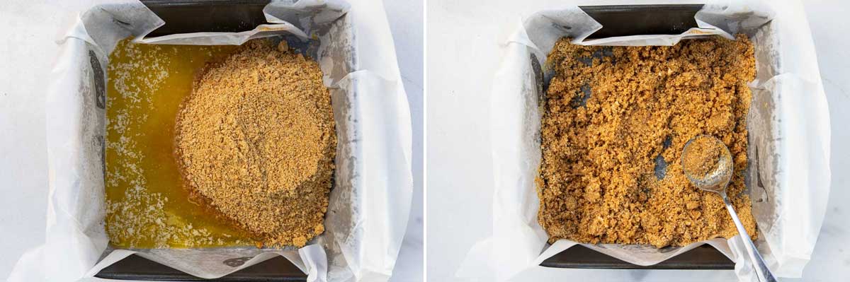 A collage showing the cake pan overhead with melted butter and cracker crumbs in it, and then mixed together and a spoon smoothing the mixture out.