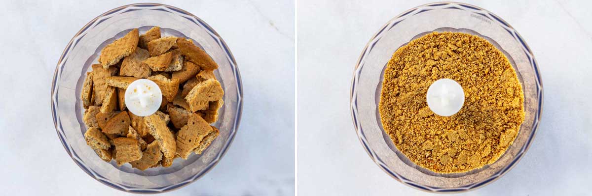 A collage of 2 images showing graham crackers in a small food processor, and then with the crackers pulsed into crumbs.