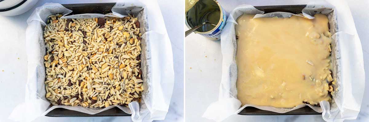 A collage of 2 images showing the cake pan from above with a layer of nuts and coconut visible, and then with the sweetened condensed milk poured on top.