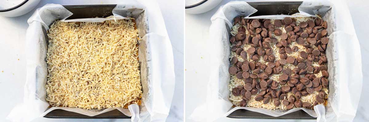 A collage of 2 images showing the pan overhead with a layer of coconut, and then with a layer of chocolate chips.