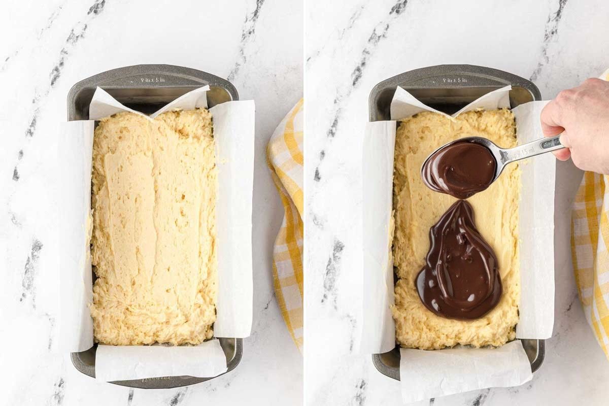 A collage of two images showing cake batter spread in a rectangular pan, and then someone spooning nutella onto the top.