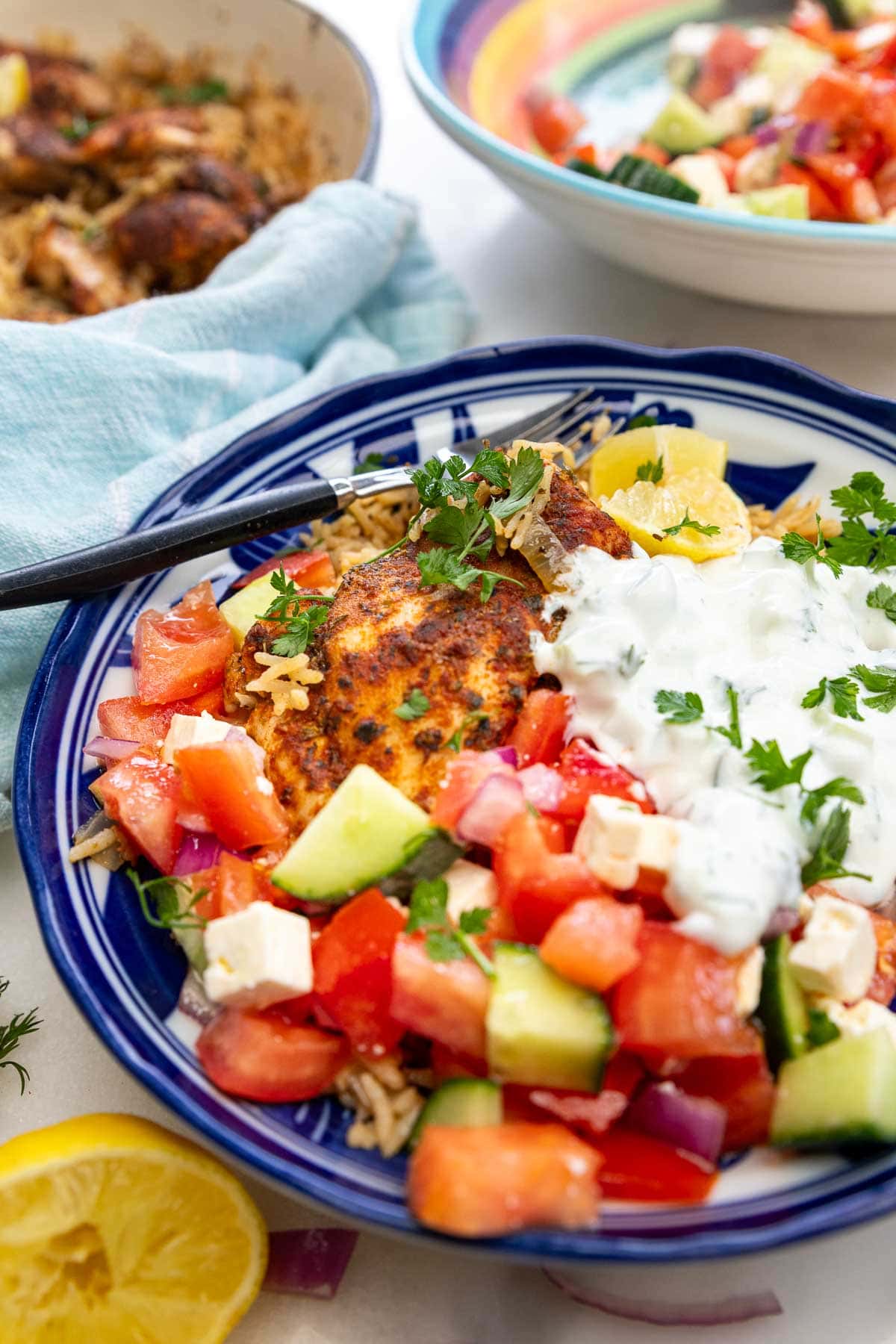 Closeup of the bowl of food, with salad, and the whole pot of food behind.
