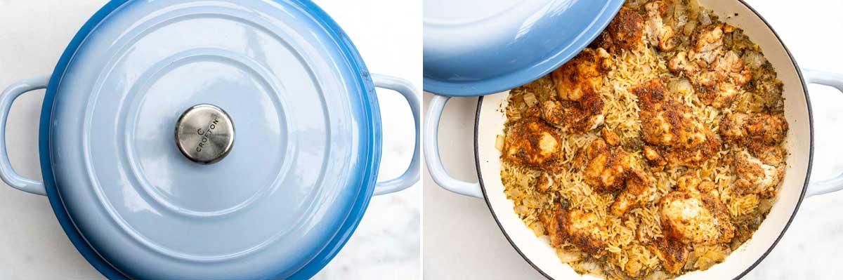 A collage with the top of a blue cast iron pan with a lid, and then with the lid opened with the greek chicken and rice visible.
