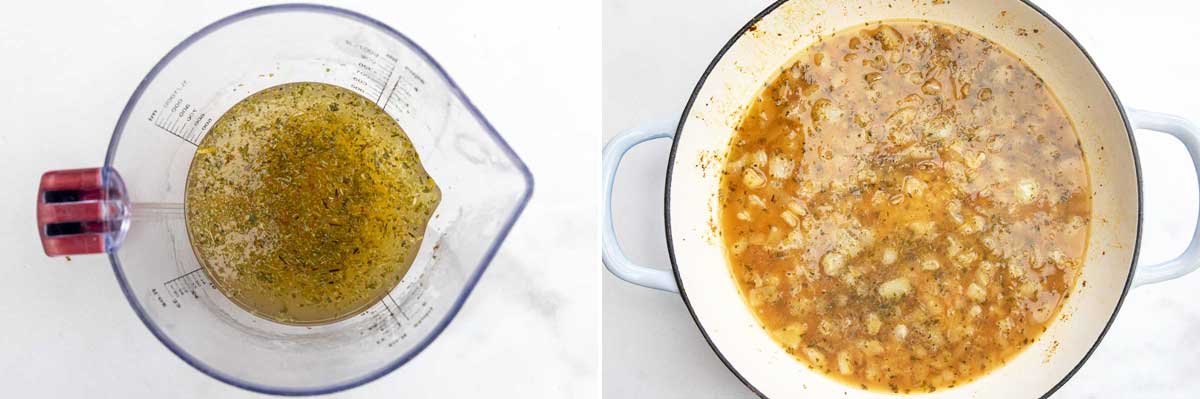 Collage showing chicken broth, lemon juice and oregano in a jug, and then poured into a cast iron pan of onions and rice.