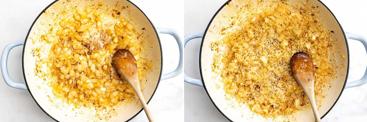 Collage of two images showing chopped onions sauteed in a large pan with a wooden spoon, and then with rice stirred in.