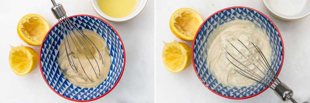 A collage of 2 images showing tahini and lemon juice and a whisk in a patterned bowl and then with the lemon juice partly mixed in.