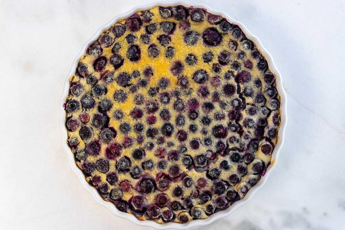 An overhead view of the just-baked dessert.