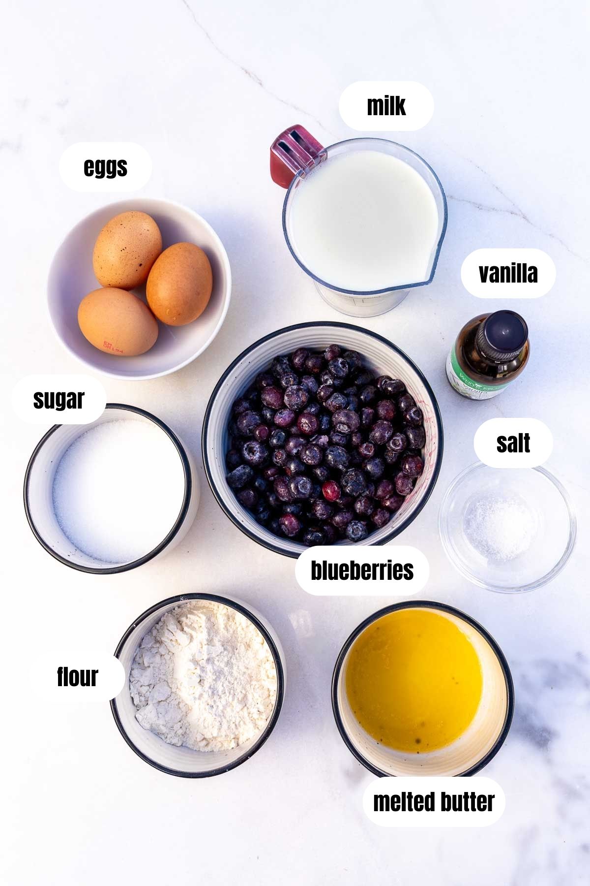 Overhead image of all the ingredients needed to make a blueberry clafoutis including blueberries, flour, sugar, melted butter, eggs, milk, vanilla and salt, labelled.