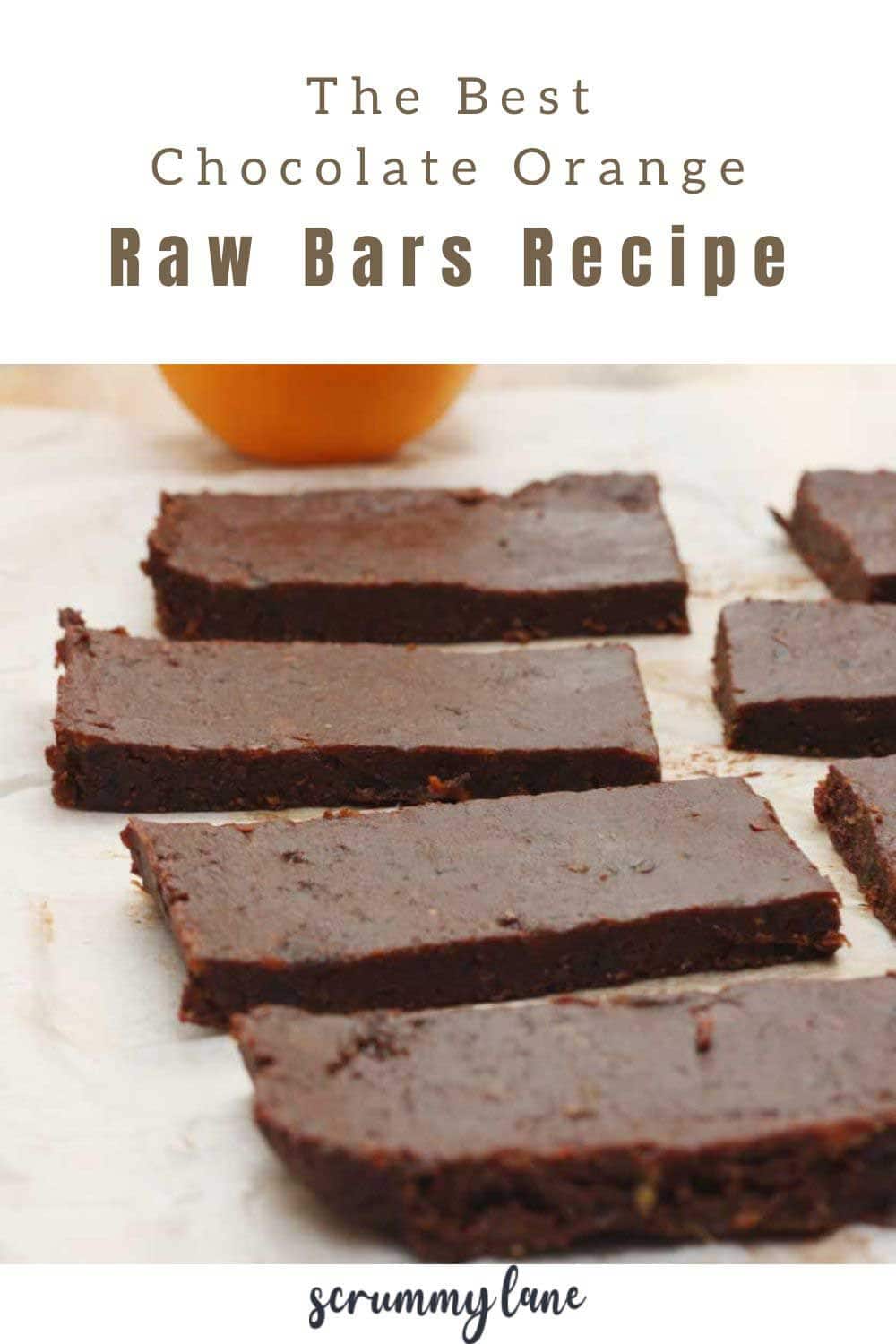 A Pinterest pin with the bars on baking paper, with a title on white background at the top that says the best chocolate orange raw bars recipe.
