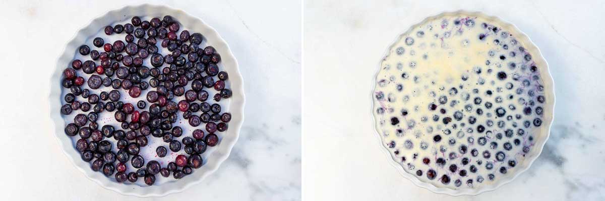 A collage of two images showing blueberries in a round white baking dish, and then with clafoutis batter poured in.