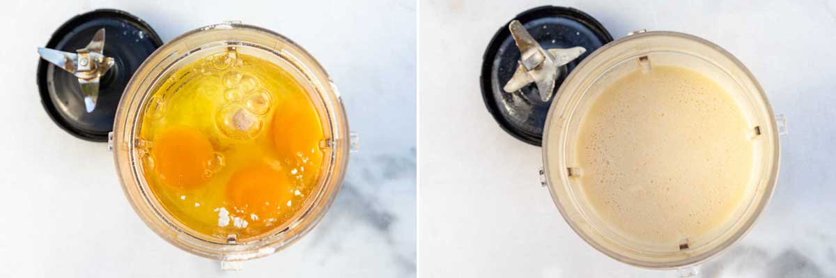 A collage of two images showing 3 eggs on top of all other ingredients to make the recipe, and then with the batter blended together.