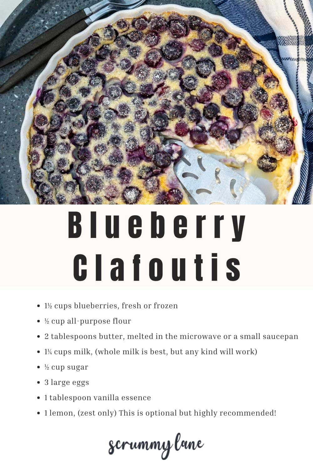 An overhead view of the dessert with a cake slice in it, with all the ingredients with amounts listed below.