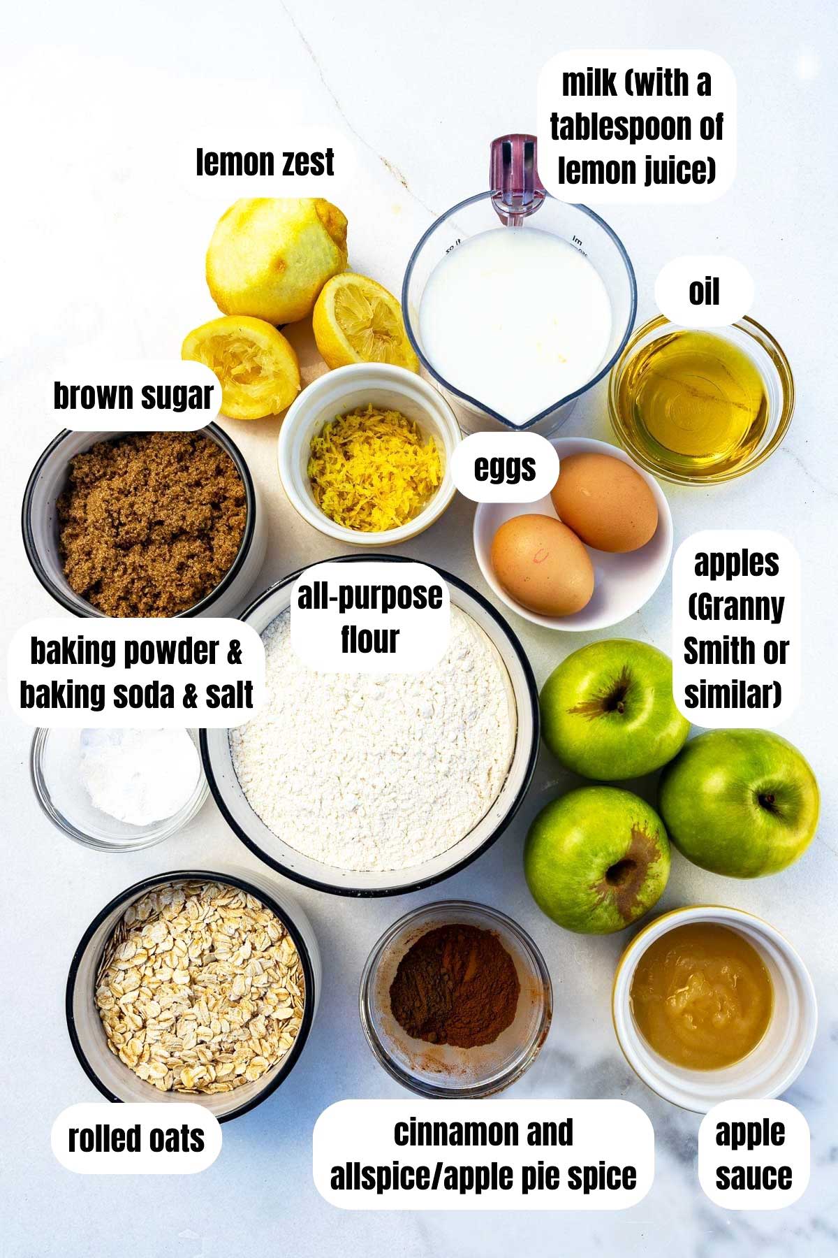 All the ingredients needed to make apple oat muffins including oats, flour, cinnamon and apple pie spices, apple sauce, apples, oil, baking powder, baking soda and salt, brown sugar, lemon zest, milk with lemon juice and eggs.
