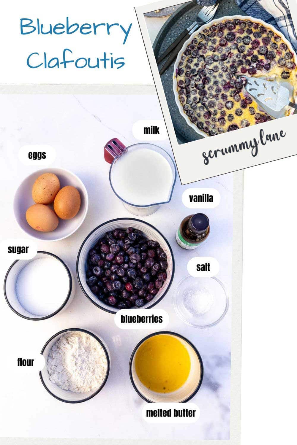 A pinterest pin with labelled clafoutis ingedients on it and a photo of the finished dessert, and a title.