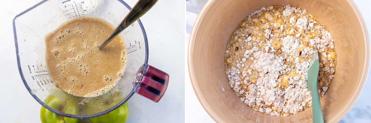 Collage of two images showing all the wet ingredients mixed together in a jug, and all the dry ingredients with the wet ingredients mixed in in a large bowl.