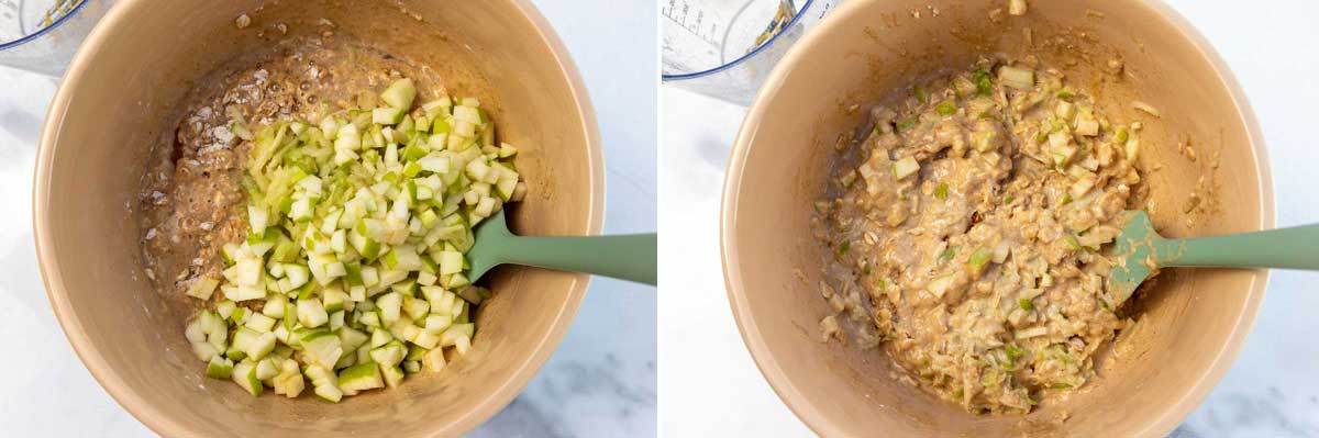 A collage of two images showing chopped apple added to cake batter with a green spatula in a large bowl, and then with the apple mixed in.