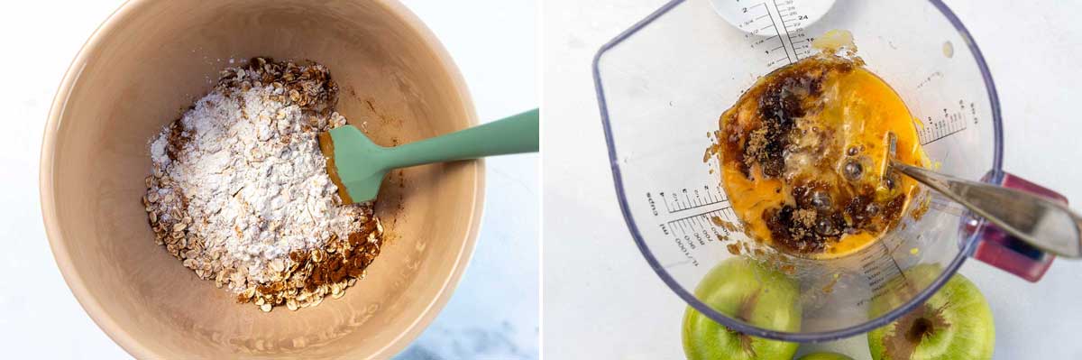 Collage of two images showing all the dry ingredients for apple muffins in a large bowl, and then all the wet ingredients in a jug.
